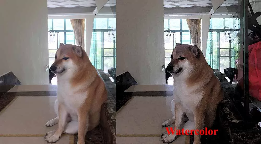 Ảnh chia đôi (Split screen). Bên trái là ảnh chụp phong cảnh gốc. Bên phải là kết quả sau khi áp dụng hiệu ứng Watercolor, màu sắc loang và mềm mại hơn.