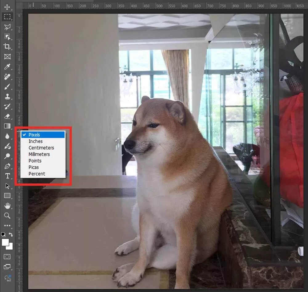 Ảnh chụp cận cảnh menu hiện ra khi click chuột phải vào thanh thước kẻ (Ruler)