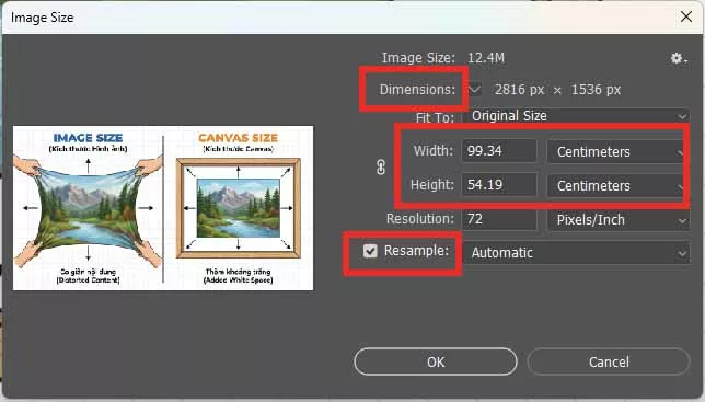 Ảnh chụp màn hình hộp thoại Image Size