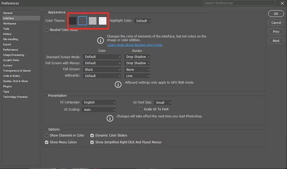 Ảnh chụp màn hình hộp thoại Preferences > Interface