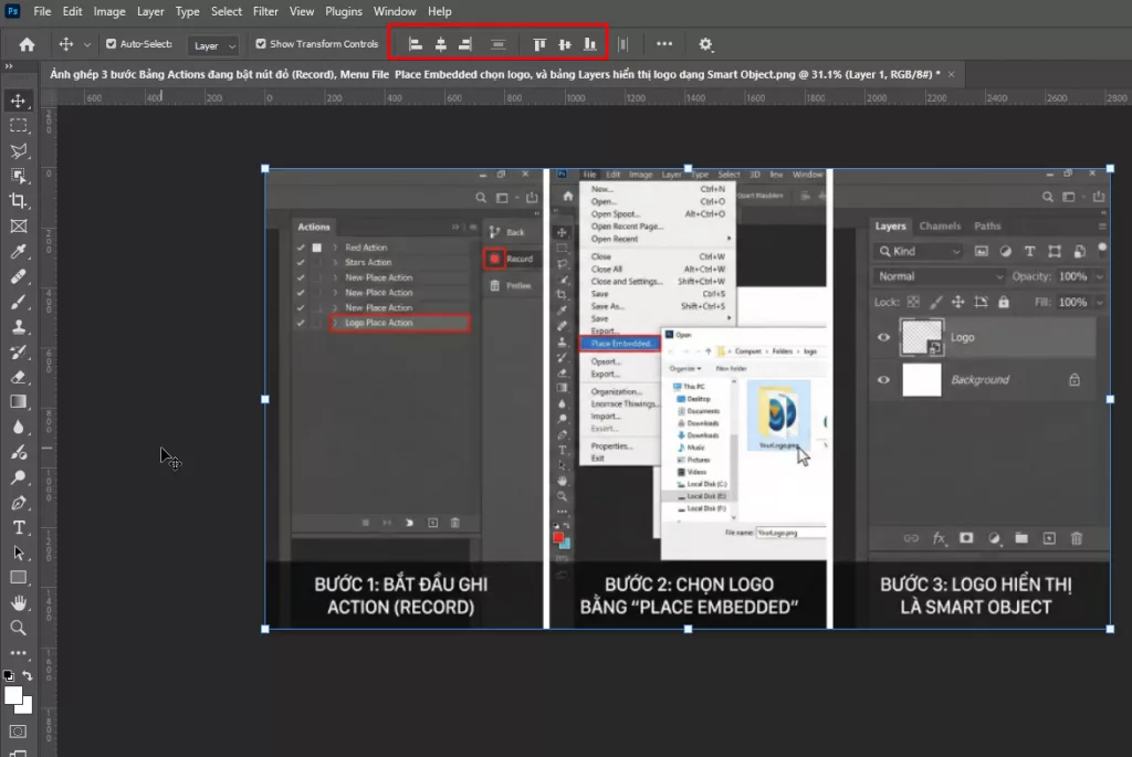 Ảnh chụp màn hình thanh công cụ Move Tool với các nút Align được khoanh đỏ, và vùng chọn kiến bò bao quanh canvas.