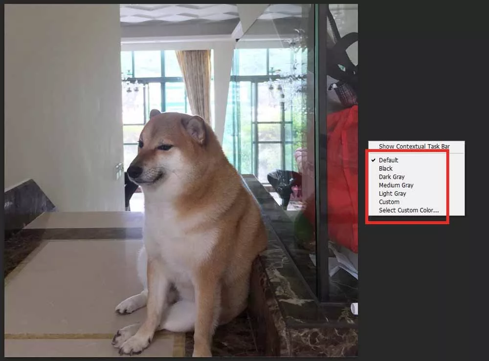 Ảnh chụp màn hình thao tác click chuột phải vào vùng xám bên ngoài ảnh, hiển thị menu chọn màu (Black, Dark Gray, Medium Gray...)