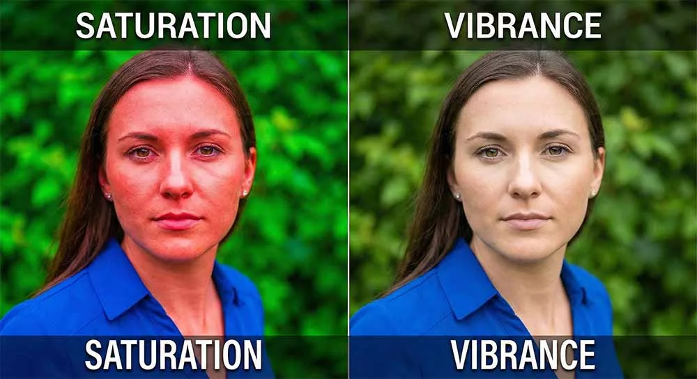 Bên Saturation làm da mặt mẫu bị đỏ gắt. Bên Vibrance làm nền rực hơn nhưng da mặt vẫn tự nhiên