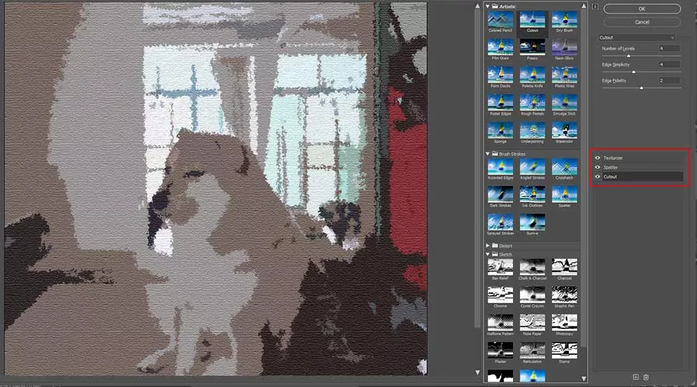 Cận cảnh cột cài đặt bên phải. Hiển thị danh sách 3 hiệu ứng xếp chồng: 'Texturizer' nằm trên 'Spatter', và 'Spatter' nằm trên 'Cutout'