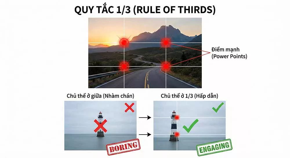 Đặt chủ thể vào các điểm giao cắt giúp tăng 40% sự chú ý của người xem